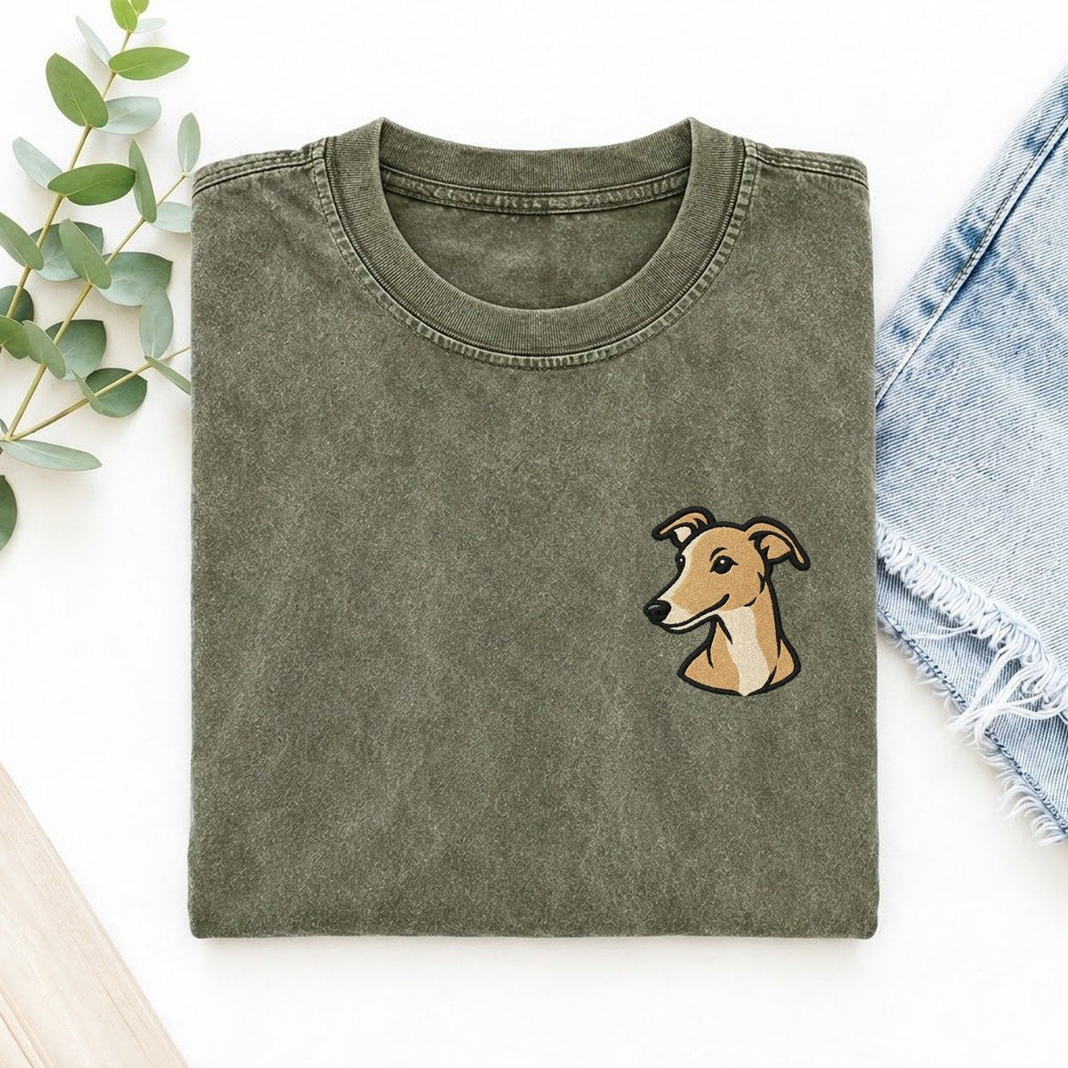 Fawn Whippet Left Chest Vintage T-shirt – Army Green