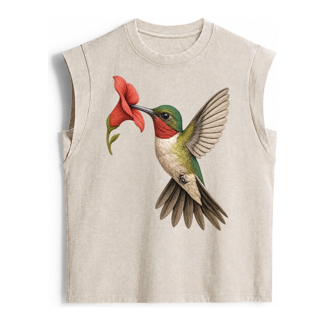 Hummingbird Harmony Vintage Washed Tank – Beige