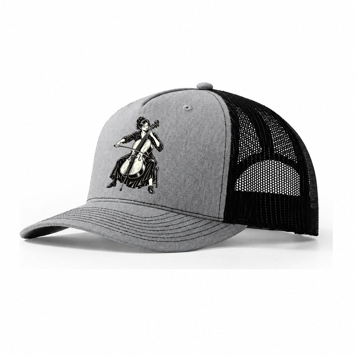 Cellist Low Bow Passage Global Music Ink Figures Trucker Hat – Sport Grey Black