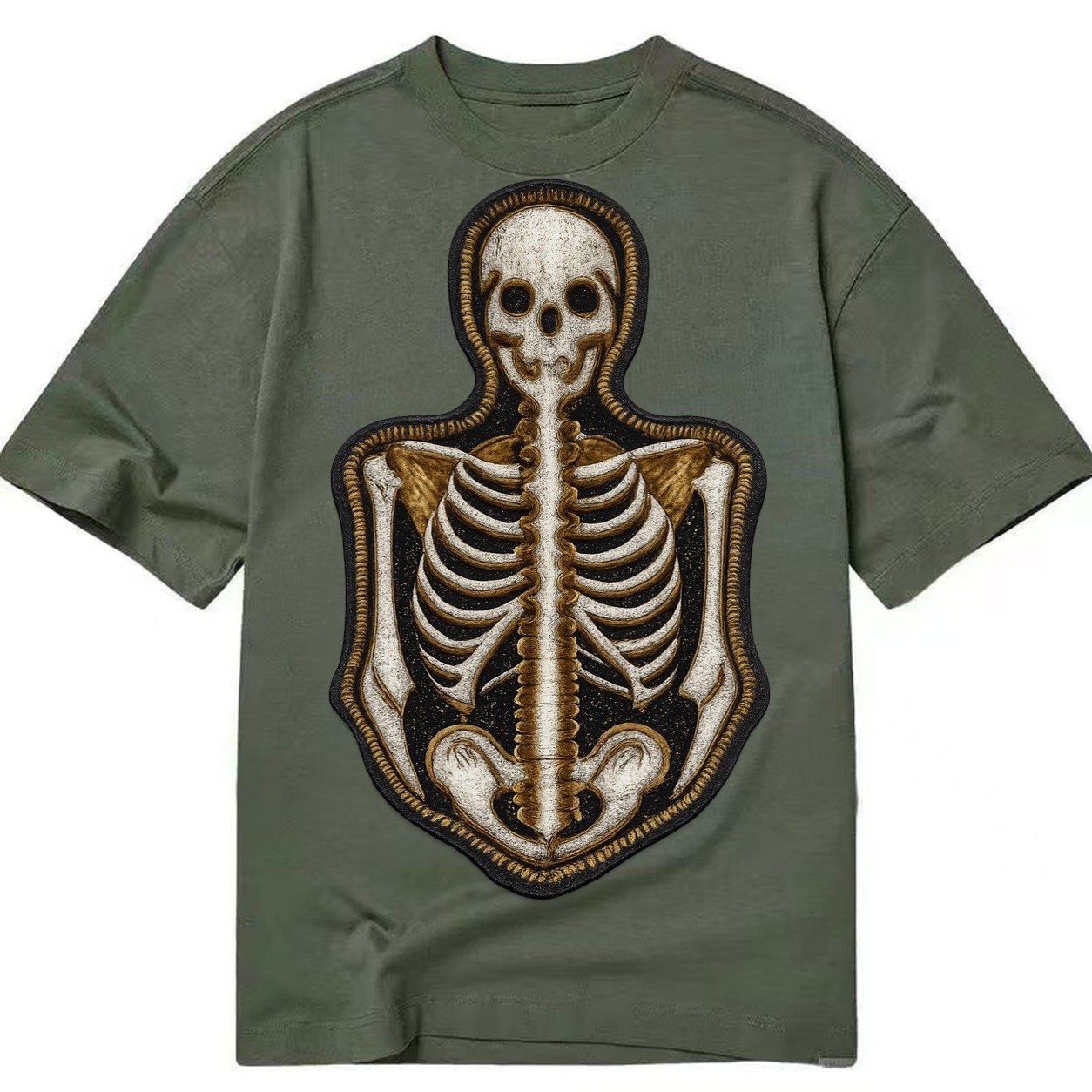 Embroidered Patch Design Skeleton Bones Skeletal System In W Classic T-shirt – Army Green