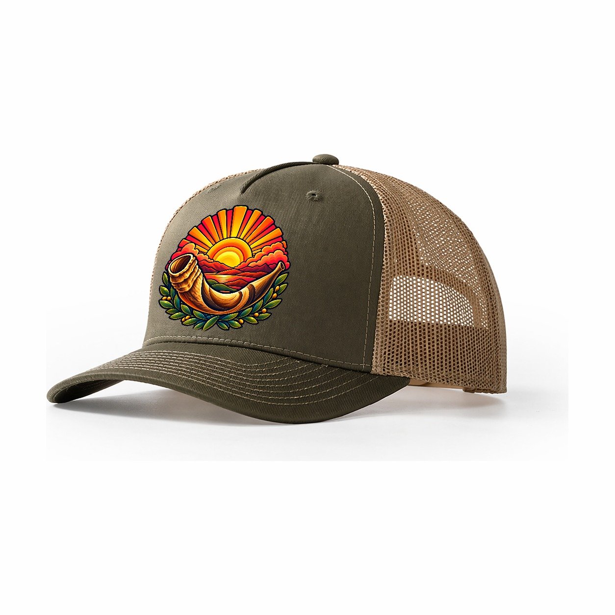 Shofar Sunrise Judaism Heritage Trucker Hat – Olive Khaki
