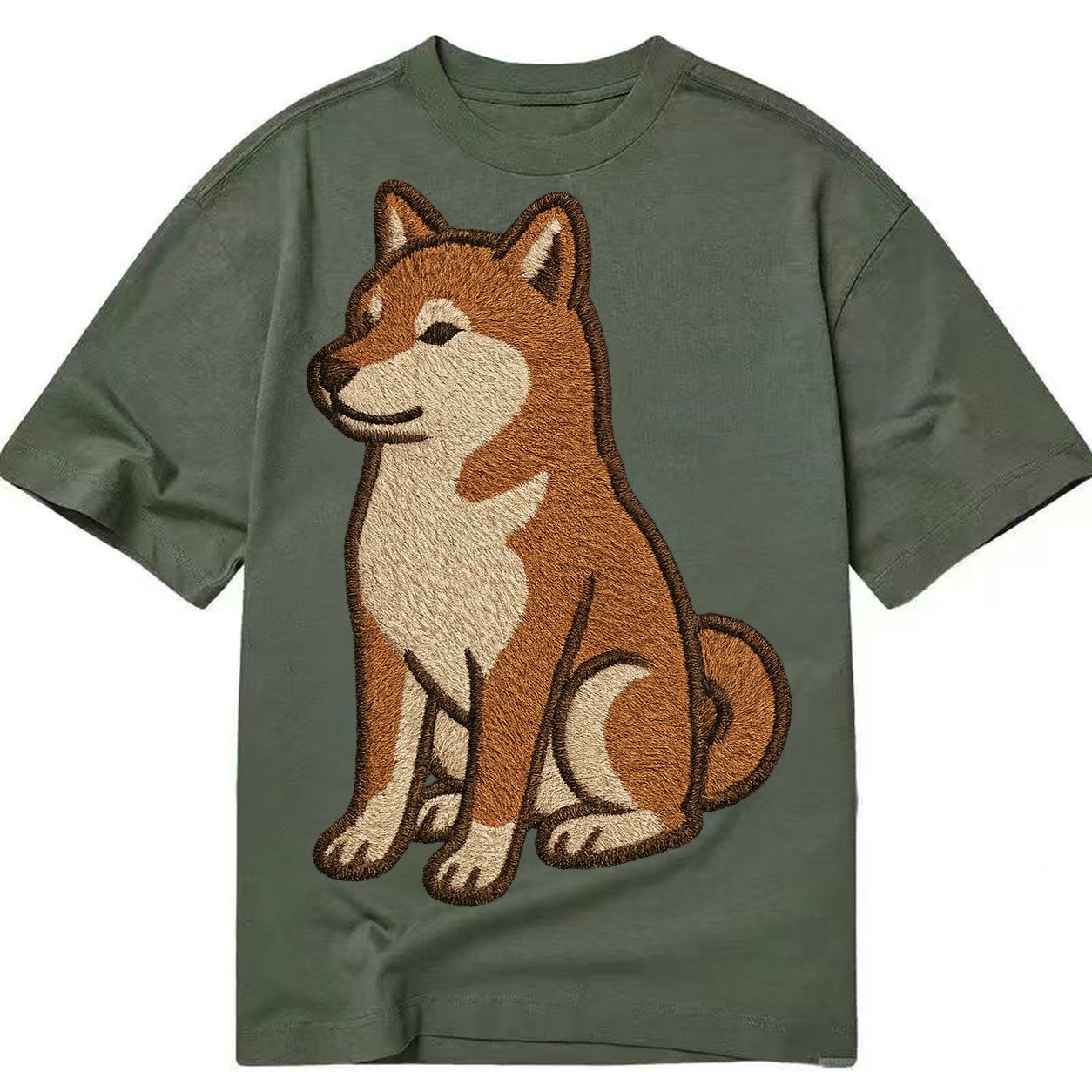 Shiba Inu Red Sesame Embroidered Sitting Pose Classic T-shirt – Army Green