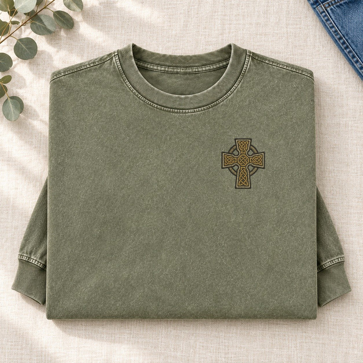 Celtic Cross Left Chest Washed Long Sleeve T-Shirt – Army Green