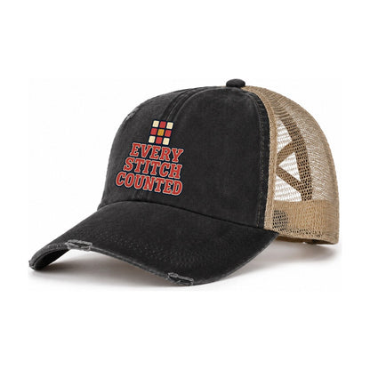Every Stitch Counted And Needlework Women's Ponytail Trucker Hat – Washed Black Khaki