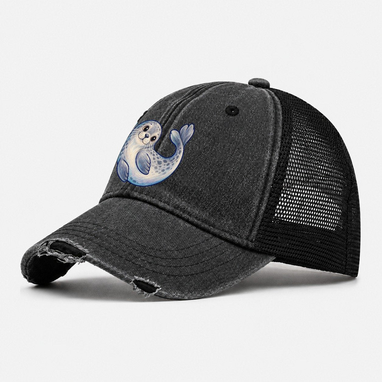 Seal Side Roll Sea Sprite Washed Trucker Hat – Black