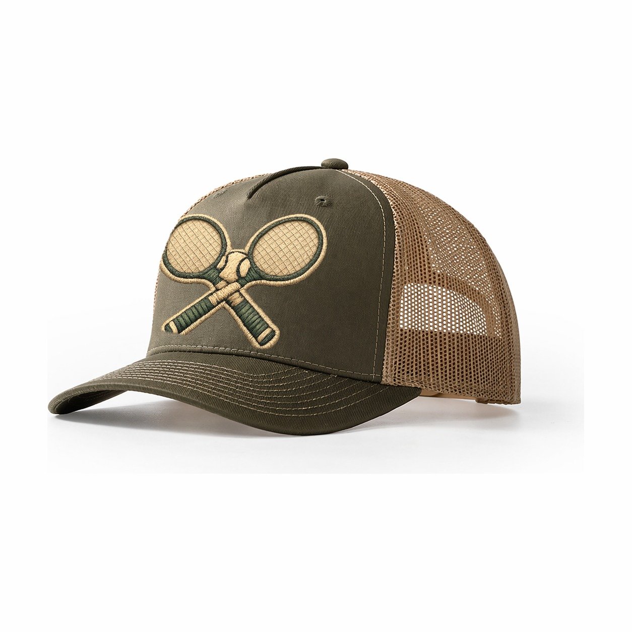 Embroidered Patch Design Tennis Racket Crossed Tennis Racket Trucker Hat – Olive-Khaki