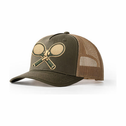 Embroidered Patch Design Tennis Racket Crossed Tennis Racket Trucker Hat – Olive-Khaki