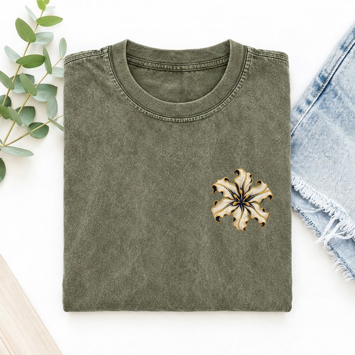 Nerine Petal Ribbons Left Chest Vintage T-shirt – Army Green