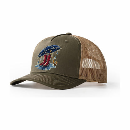 Rainy Day Umbrella And Wellington Boots Uk Culture Heritage Trucker Hat – Olive Khaki