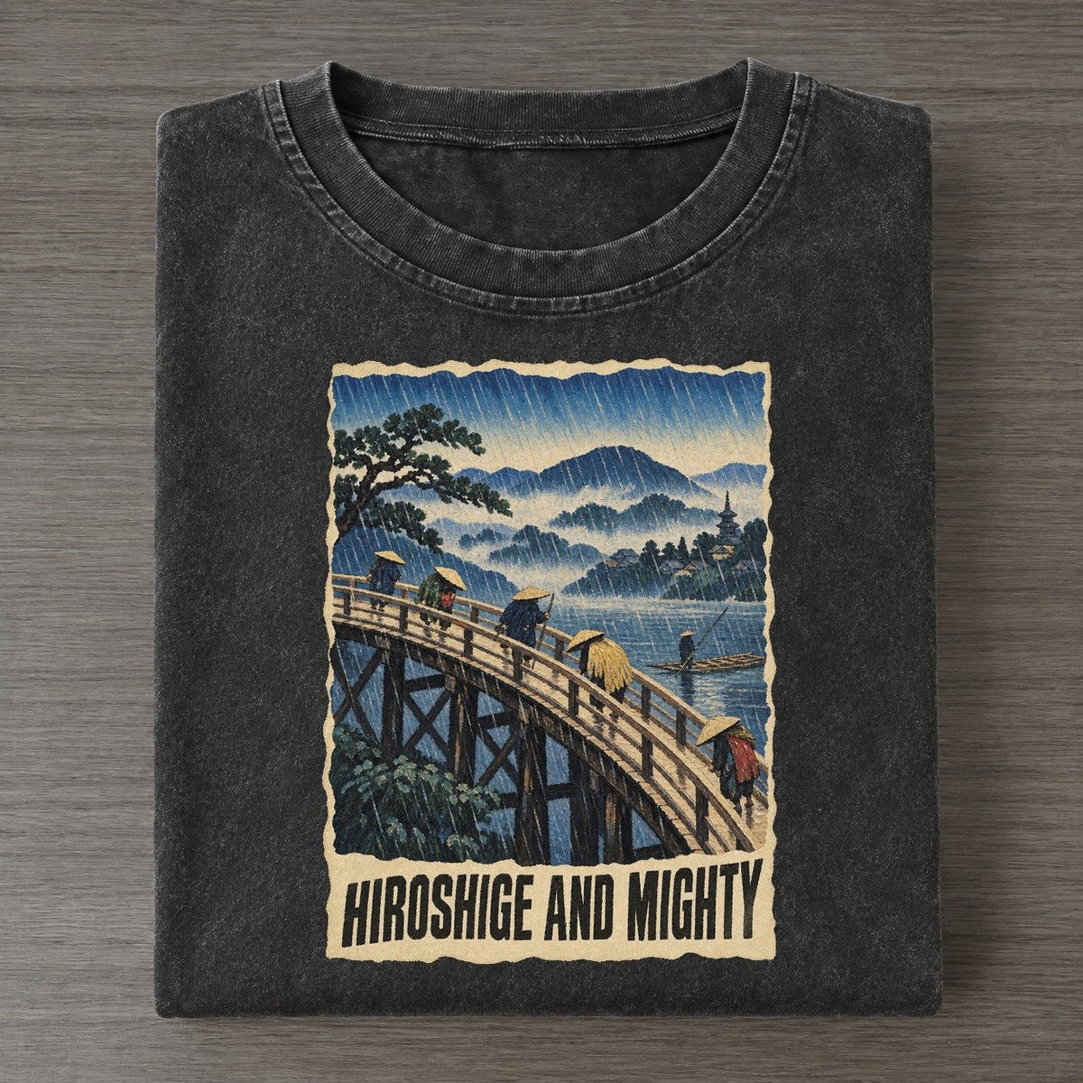 Hiroshige And Mighty Rain Bridge Art Pun Vintage T-shirt – Black