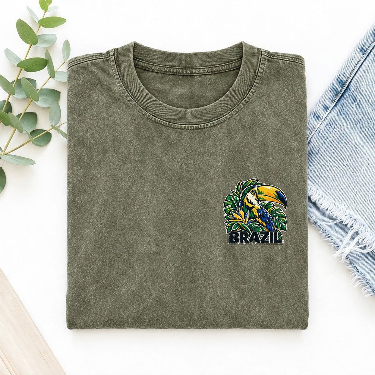 Brazil Country Pride Left Chest Vintage T-shirt – Army Green