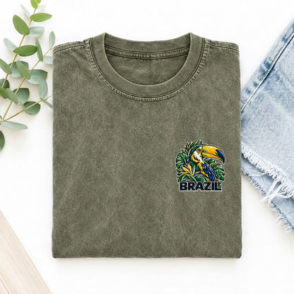 Brazil Country Pride Left Chest Vintage T-shirt – Army Green