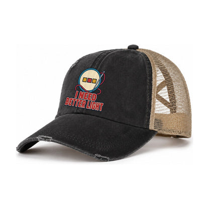 I Need Better Light And Needlework Women's Ponytail Trucker Hat – Washed Black Khaki