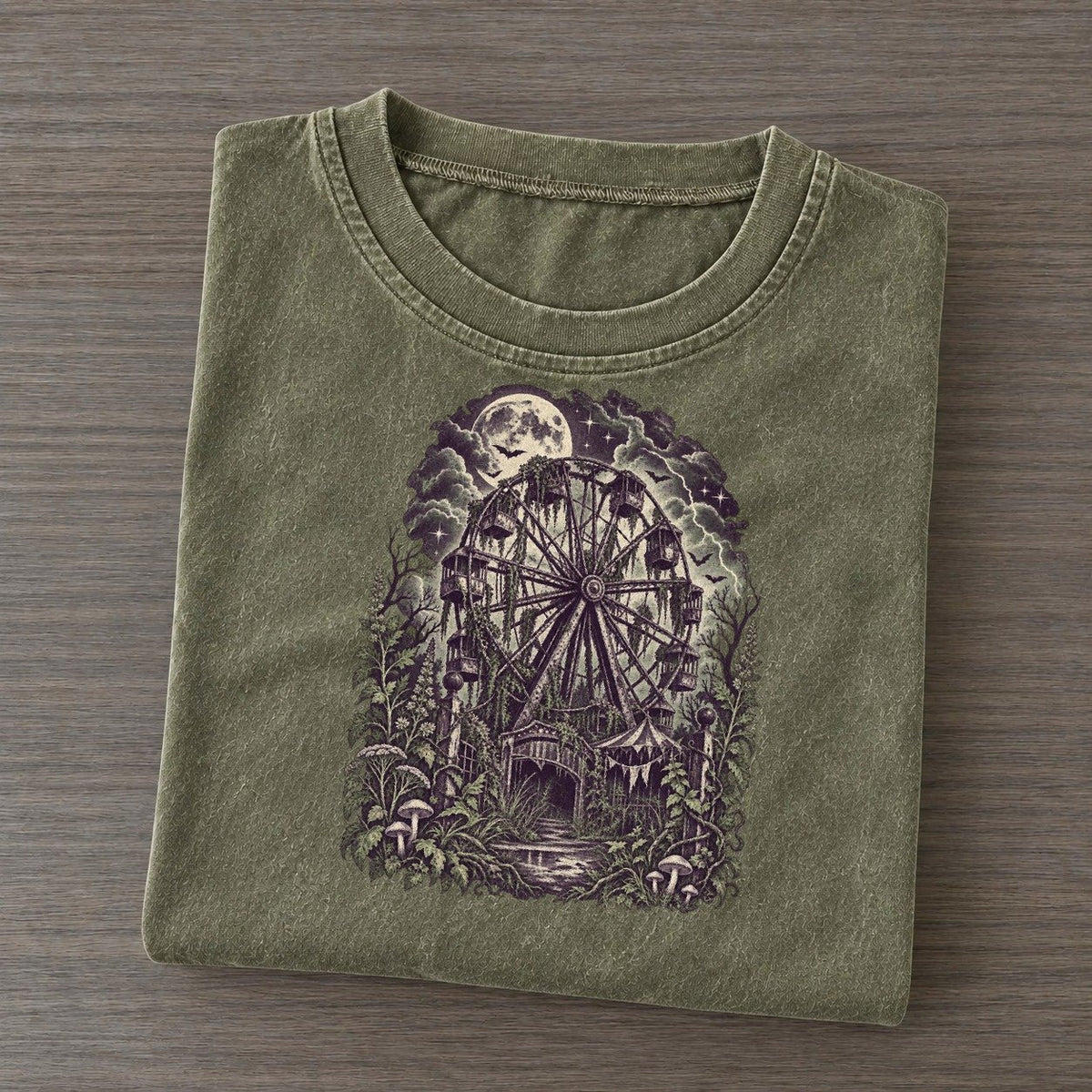 Abandoned Ferris Wheel Midnight Haunt Vintage T-shirt – Army Green