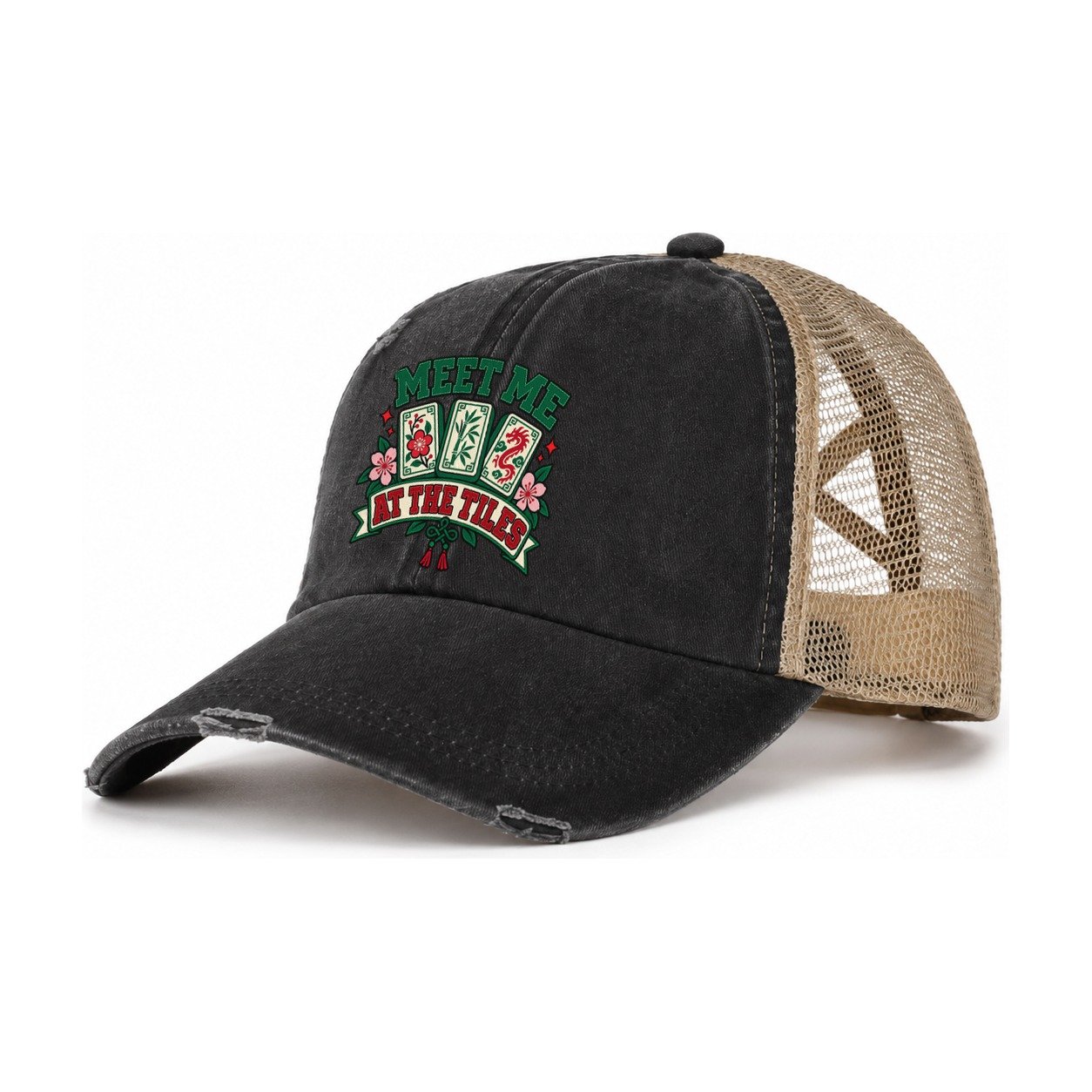 Meet Me At The Tiles Mahjong Game Night Women's Ponytail Trucker Hat – Washed Black Khaki