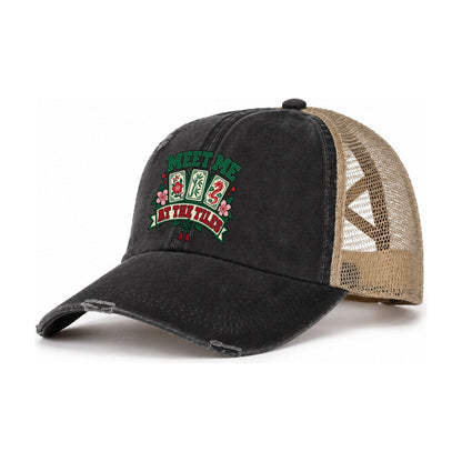 Meet Me At The Tiles Mahjong Game Night Women's Ponytail Trucker Hat – Washed Black Khaki