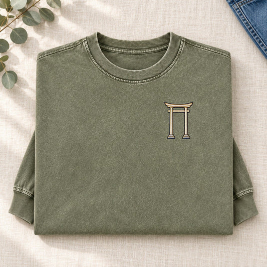 Torii Gate Symbol Emblems Left Chest Washed Long Sleeve T-Shirt – Army Green