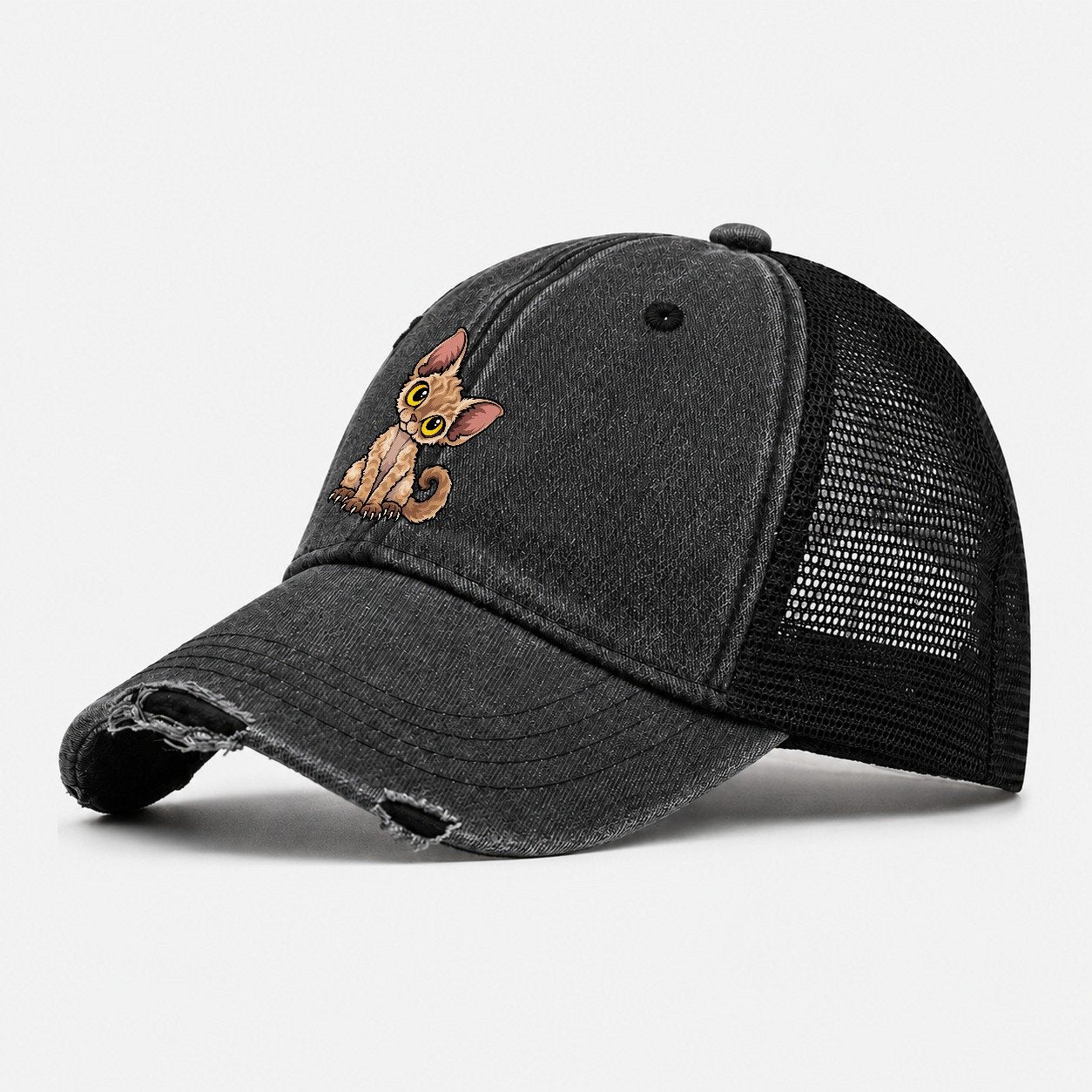 Devon Rex Head Tilt Peeking Cats Washed Trucker Hat – Black