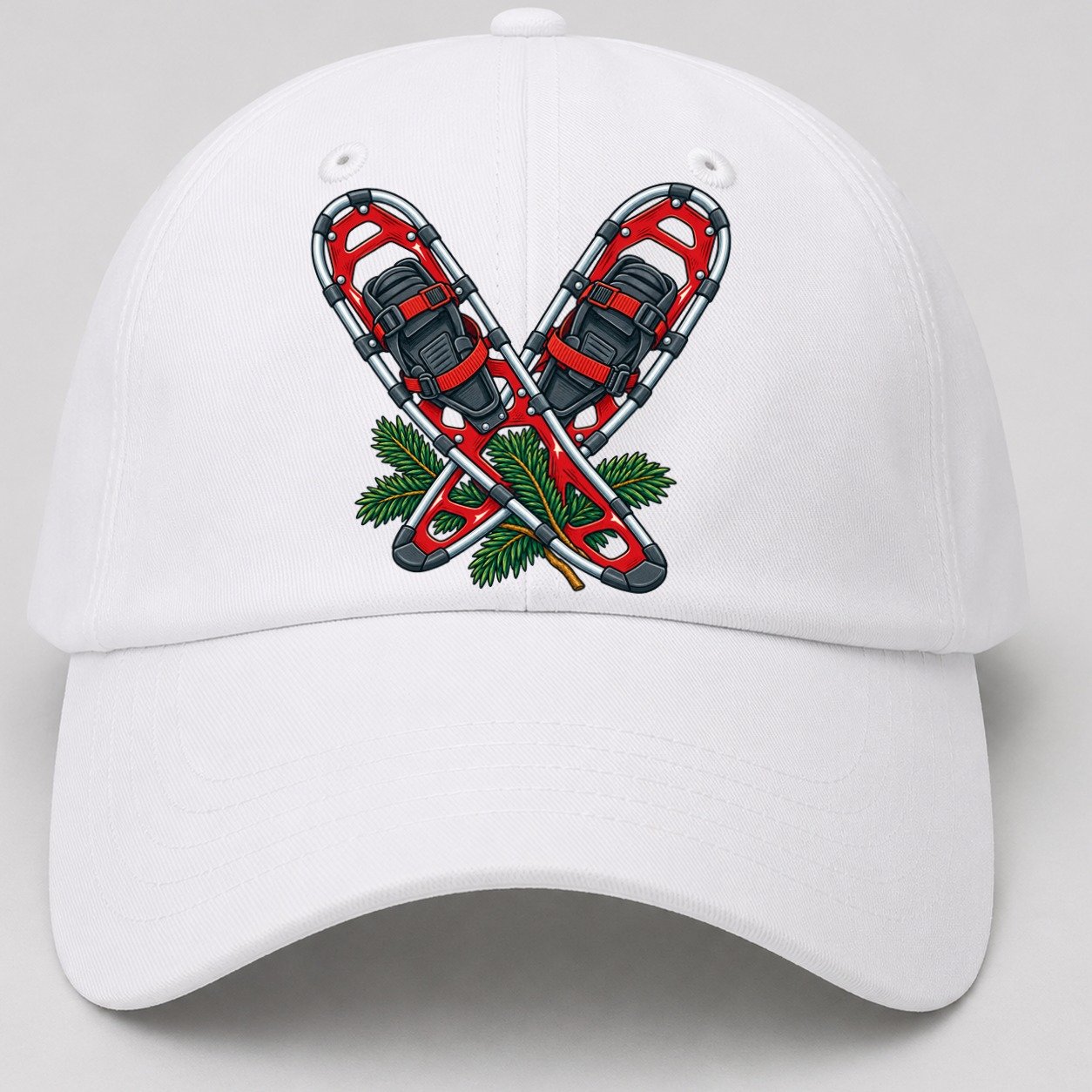 Modern Aluminum Snowshoes And Balsam Bough Canada Cultural Icons Baseball Cap – White