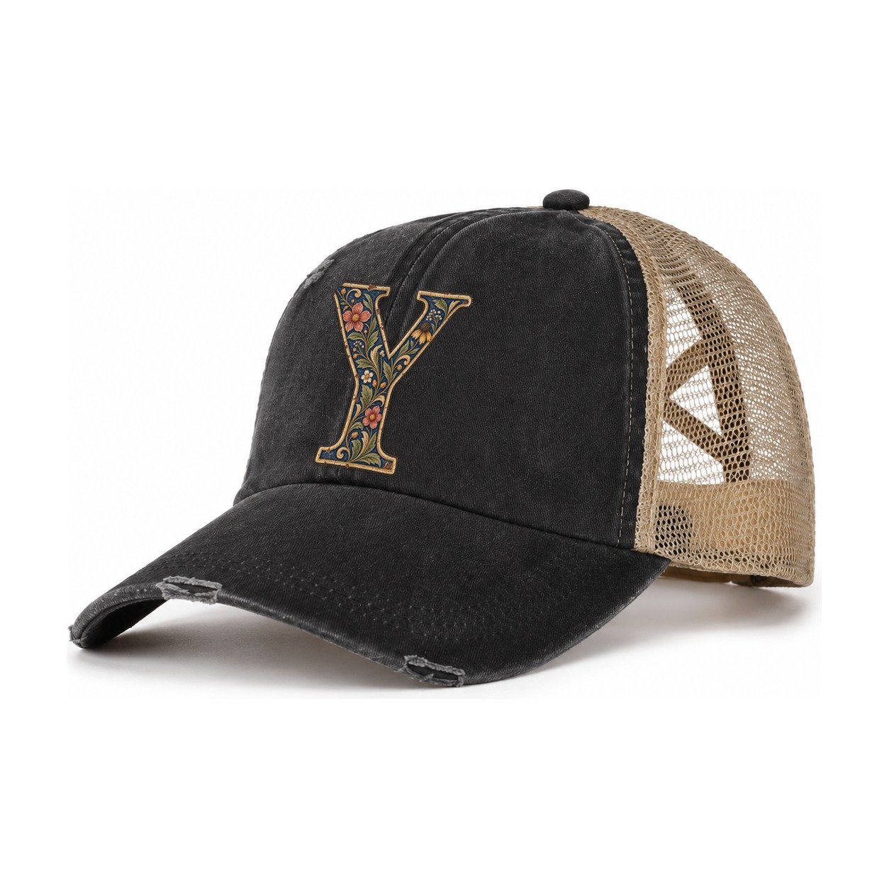 Wildflower Y Monogram Women's Ponytail Trucker Hat – Washed Black Khaki