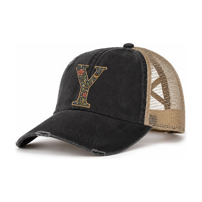 Wildflower Y Monogram Women's Ponytail Trucker Hat – Washed Black Khaki