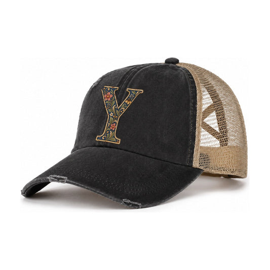 Wildflower Y Monogram Women's Ponytail Trucker Hat – Washed Black Khaki
