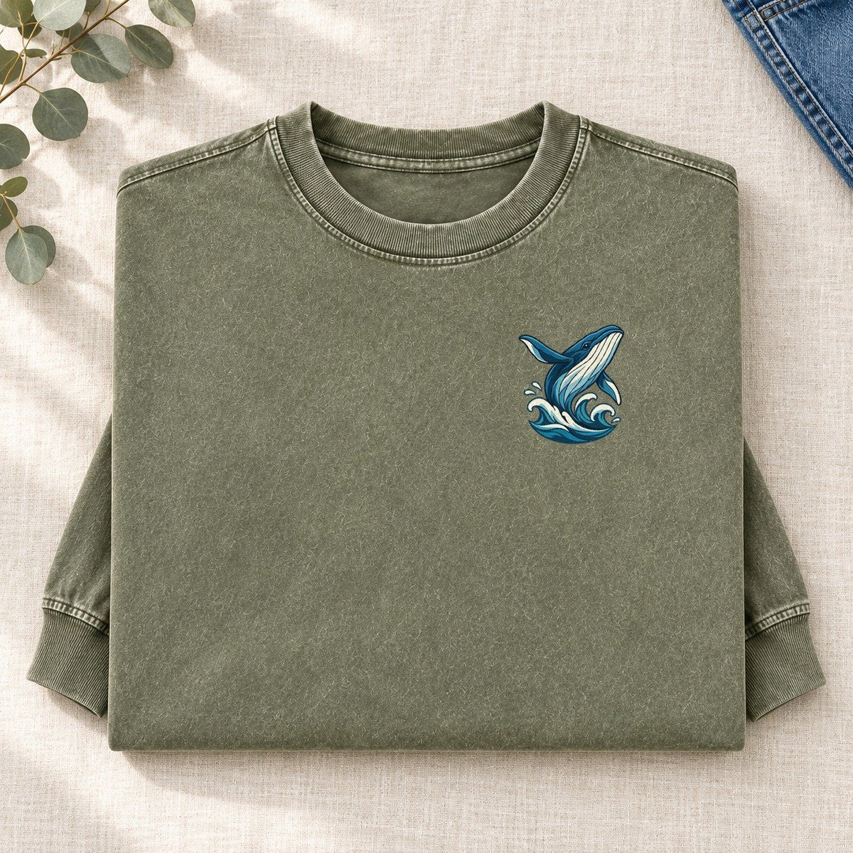 Whale And Waves Left Chest Washed Long Sleeve T-Shirt – Army Green
