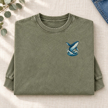 Whale And Waves Left Chest Washed Long Sleeve T-Shirt – Army Green