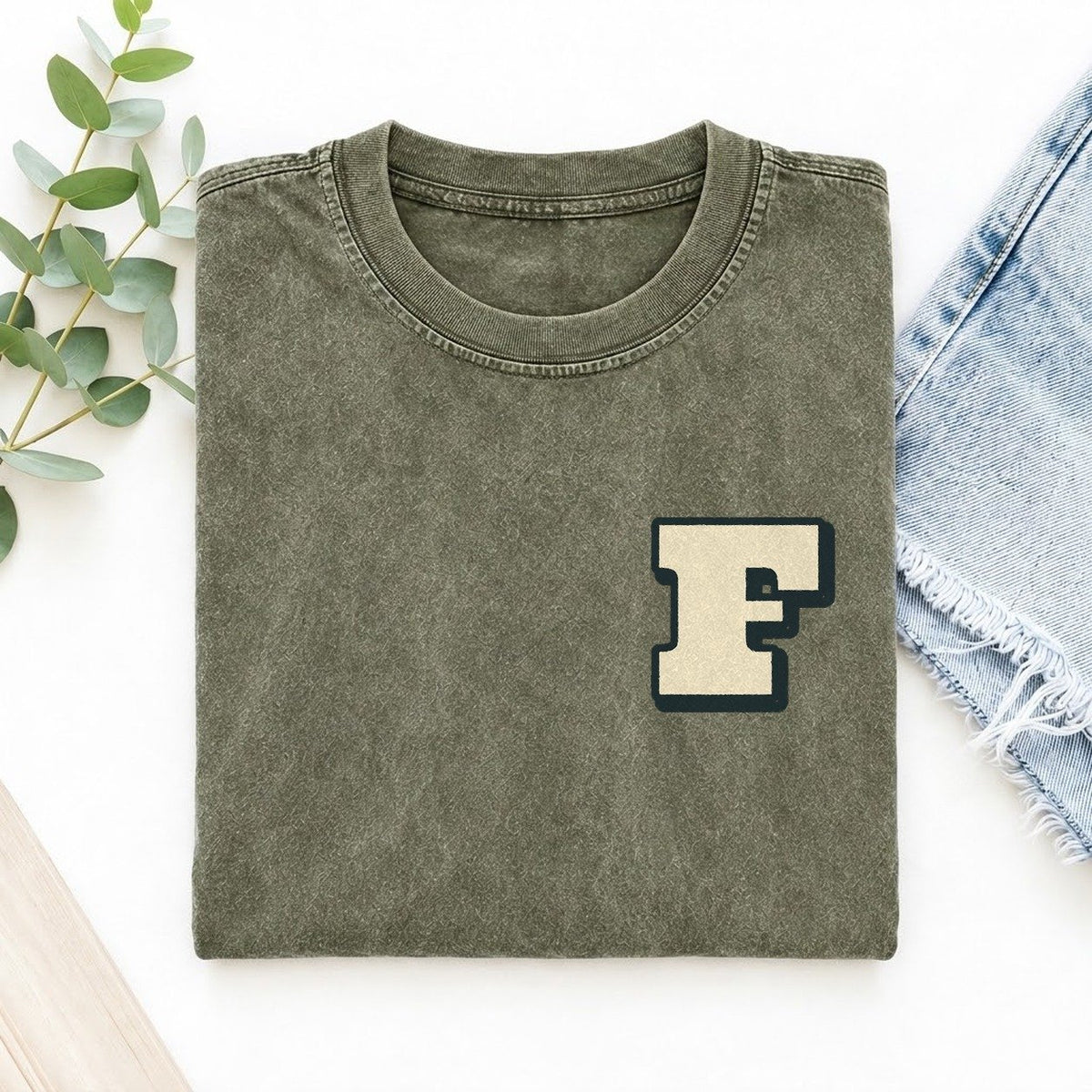 Initial F Left Chest Vintage T-shirt – Army Green