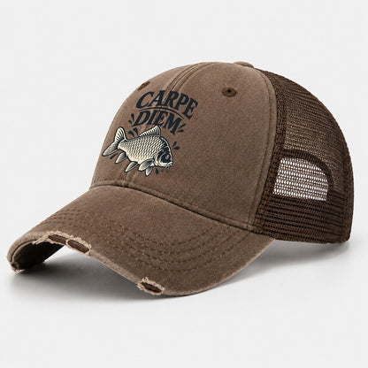 Carpe Diem Carp Fishing Elegant Washed Trucker Hat – Coffee