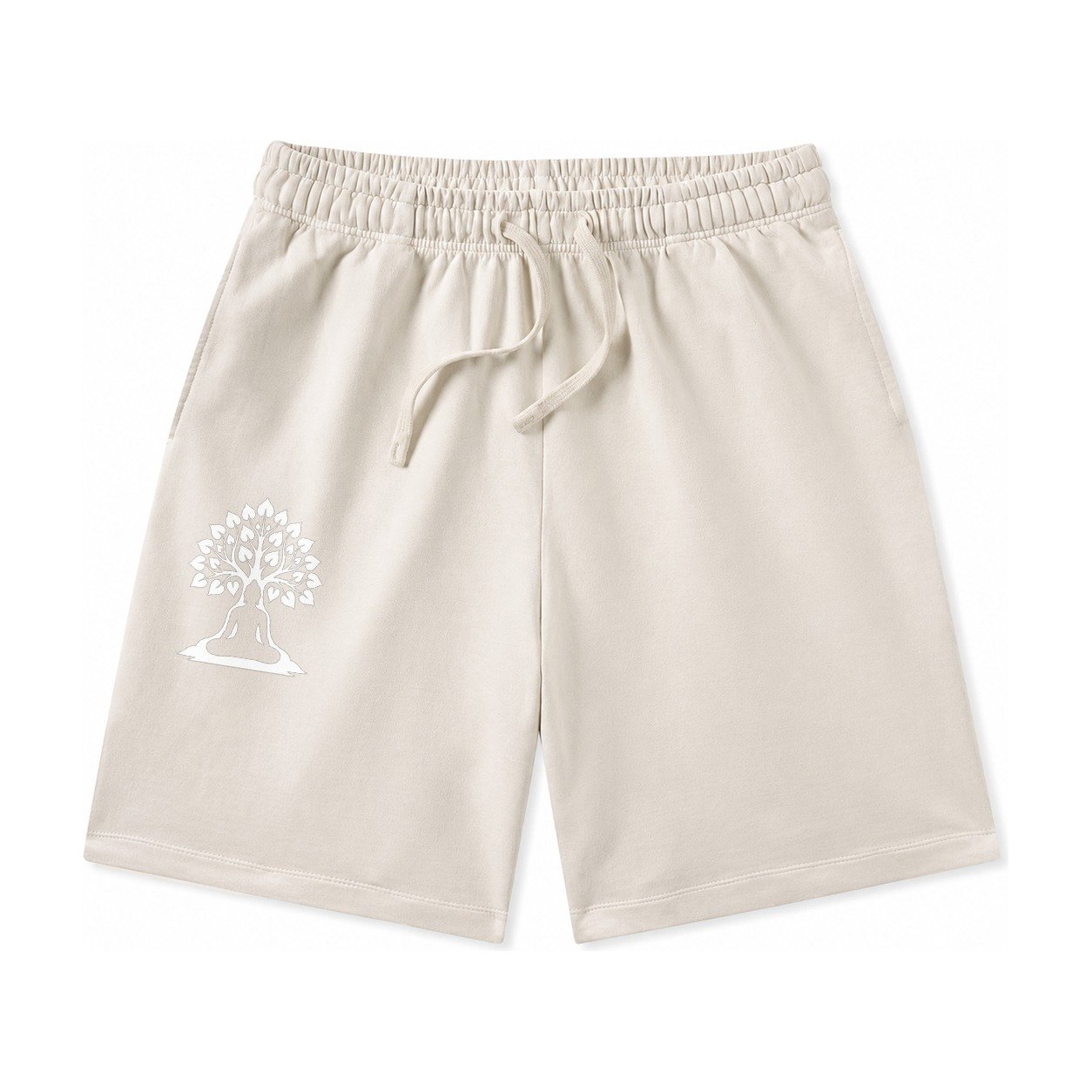 Buddha Silhouette Meditating Negative Space Forms Bodhi Tree Washed Shorts – Beige