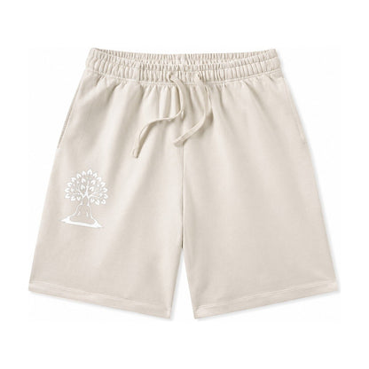 Buddha Silhouette Meditating Negative Space Forms Bodhi Tree Washed Shorts – Beige