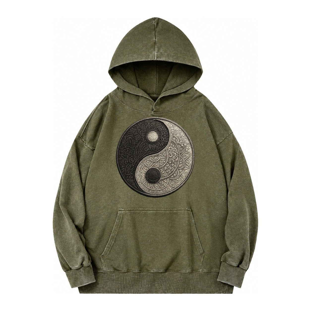 Mandala Yin Yang Vintage Washed Hoodie – Army Green