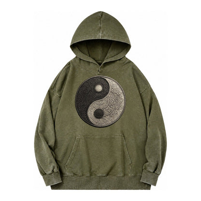 Mandala Yin Yang Vintage Washed Hoodie – Army Green