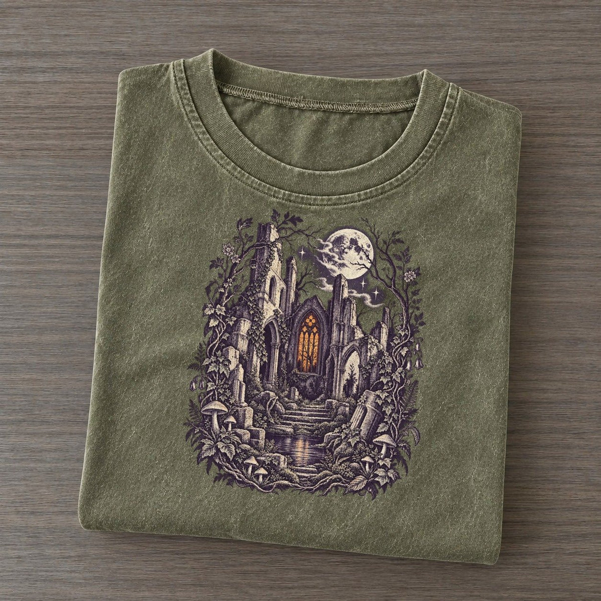 Church Ruins Stained Glass Midnight Haunt Vintage T-shirt – Army Green