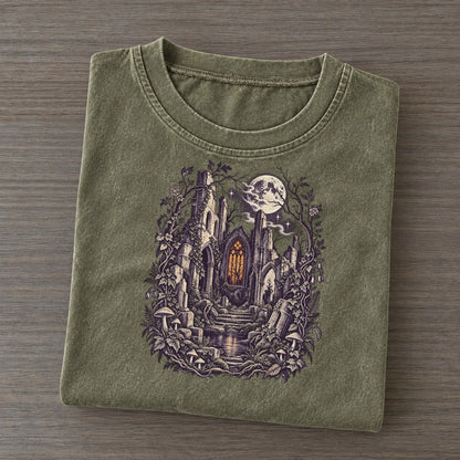 Church Ruins Stained Glass Midnight Haunt Vintage T-shirt – Army Green