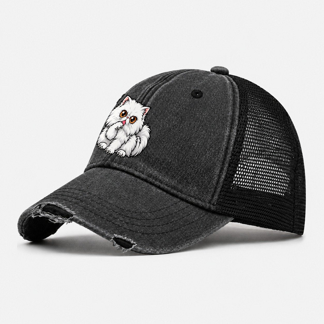 White Persian Grooming Peeking Cats Washed Trucker Hat – Black