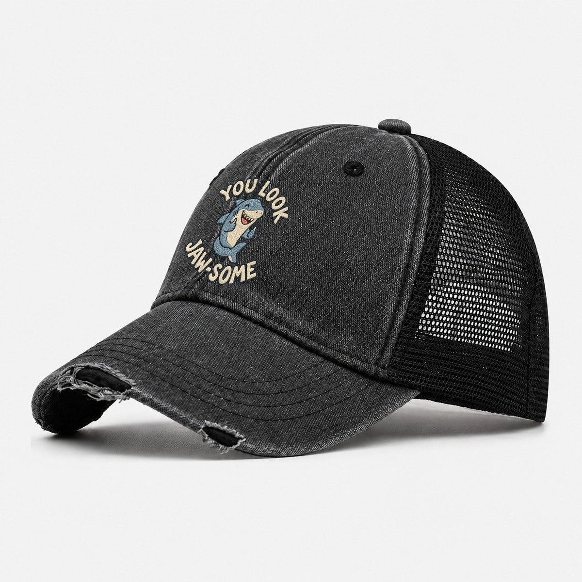 Shark Animal Puns Washed Trucker Hat – Black