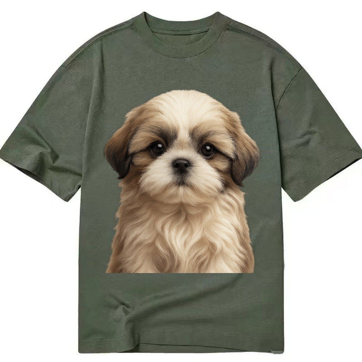 Baby Shih Tzu Puppy Long Flowing Coat Flat Face Big Dark Eye Classic T-shirt – Army Green