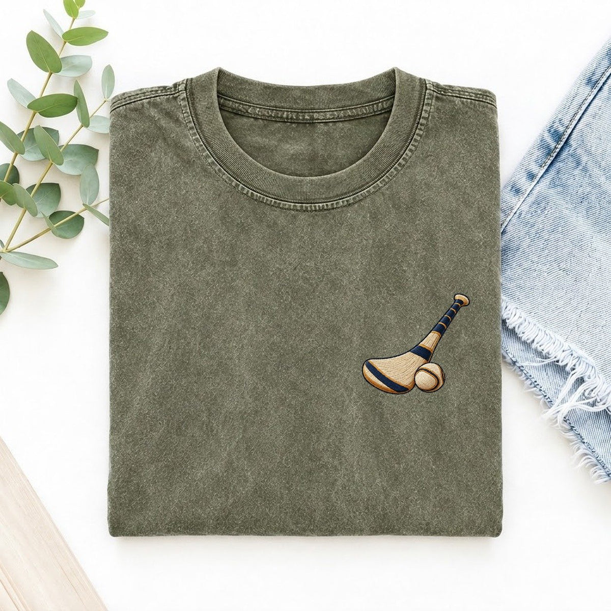 Hurling Bas And Ball Left Chest Thread Signatures II Left Chest Vintage T-shirt – Army Green