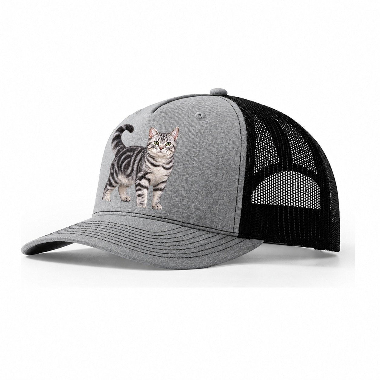 American Shorthair Standing Three Quarter Realistic Cat Portrait Trucker Hat – Sport Grey Black