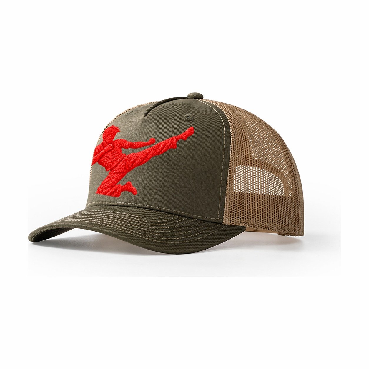 Martial Artist Flying Side Kick Micro Motion Mark Trucker Hat – Olive-Khaki