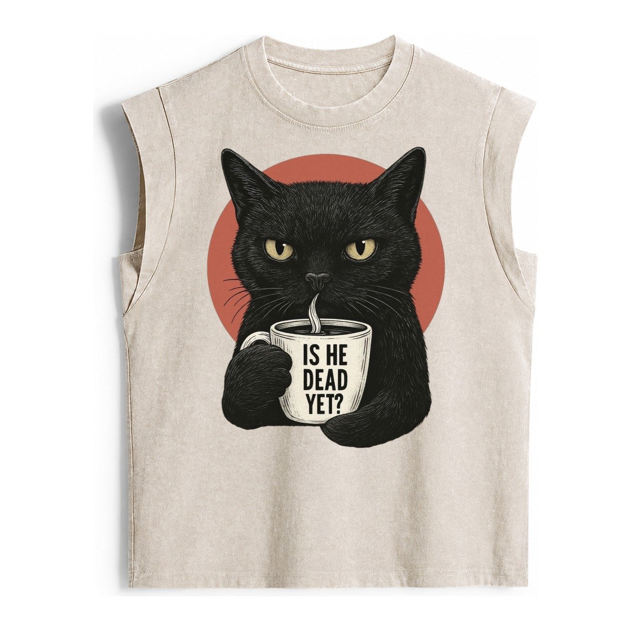 Is He Dead Yet Cat Vintage Washed Tank – Beige