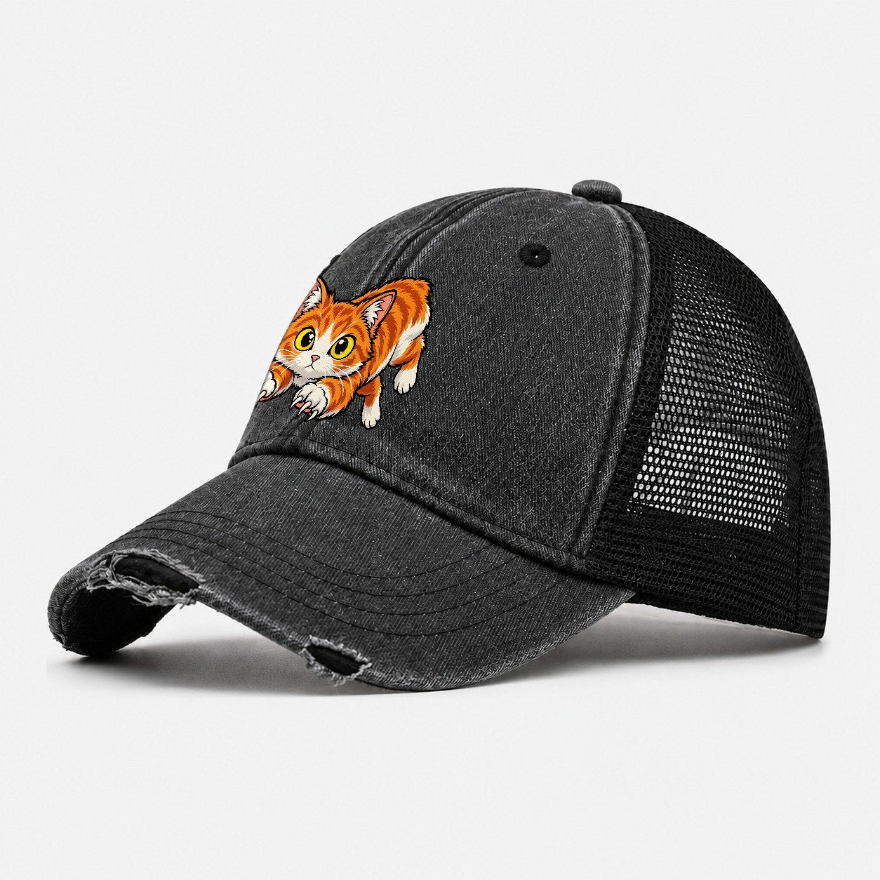 Manx Hopping Peeking Cats Washed Trucker Hat – Black