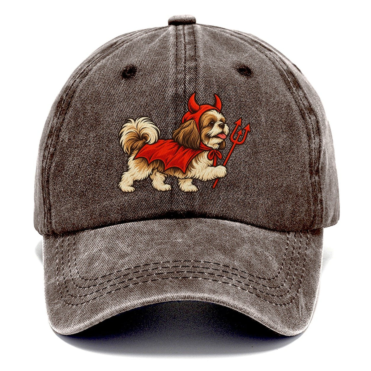 One Shih Tzu In Halloween Costume Little Devil With Horns And A Pitchfork Prop Halloween Dog Parade Classic Cap – Brown