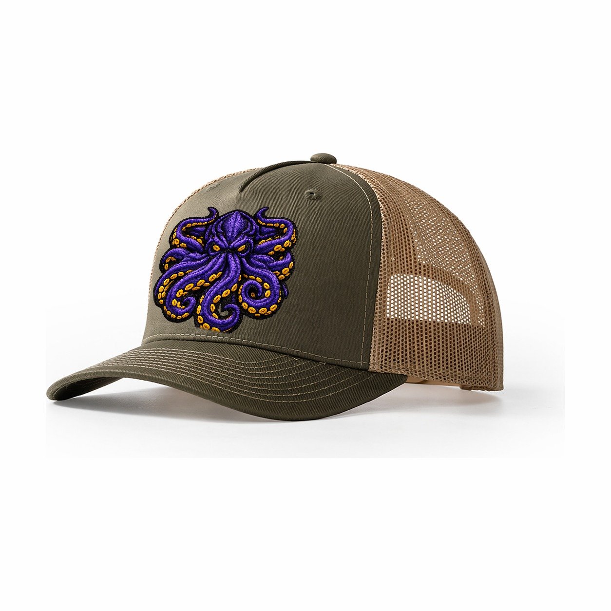 Embroidered Patch Design Kraken Tentacles Sea Monster In Pur Trucker Hat – Olive-Khaki