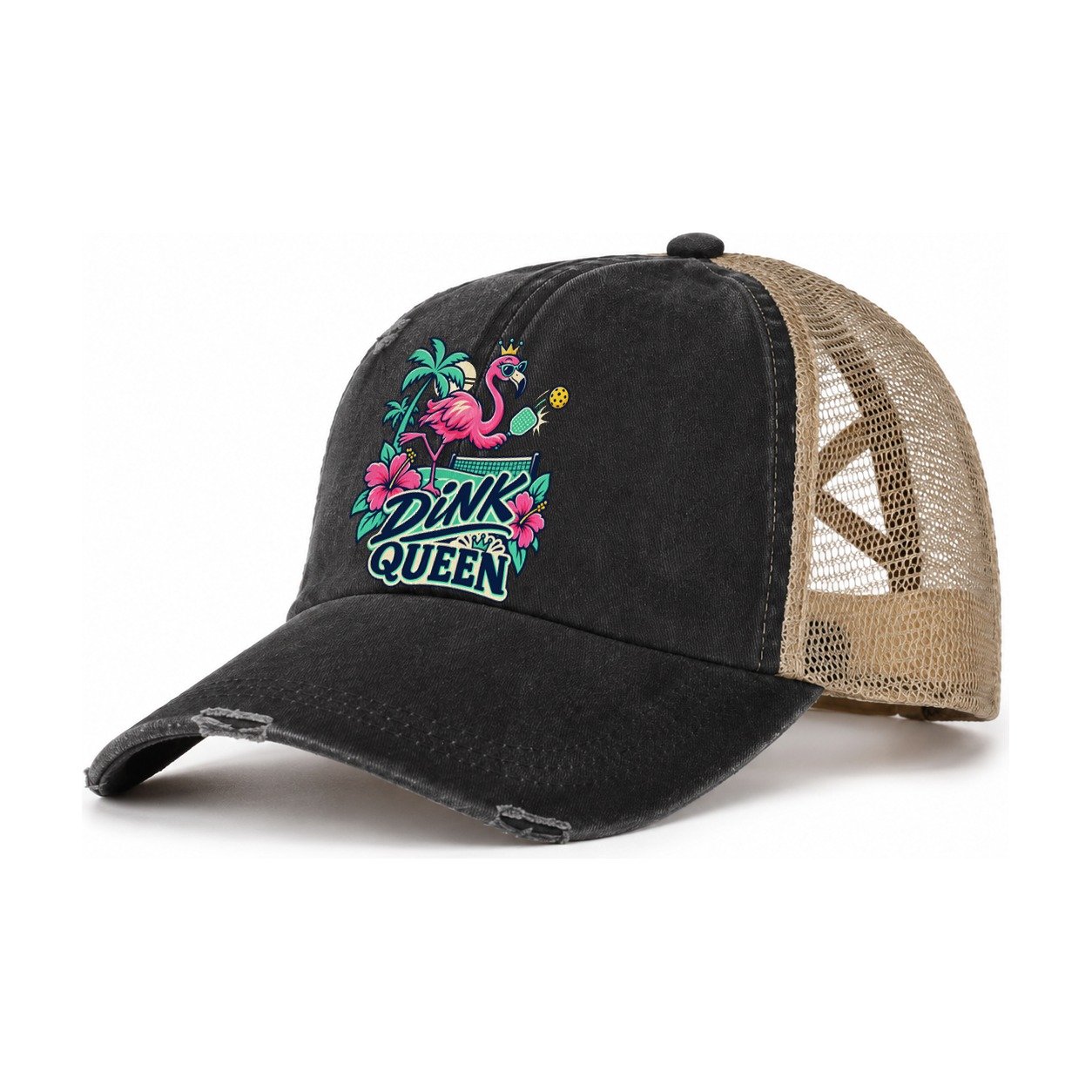 Flamingo Dink Queen Pickleball Life Women's Ponytail Trucker Hat – Washed Black Khaki