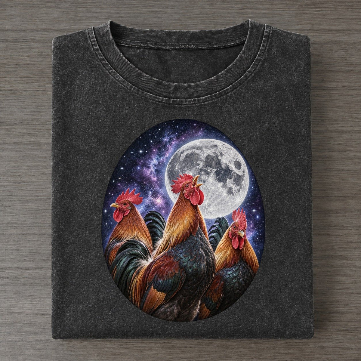 Roosters Under The Moon Moon Choir Vintage T-shirt – Black