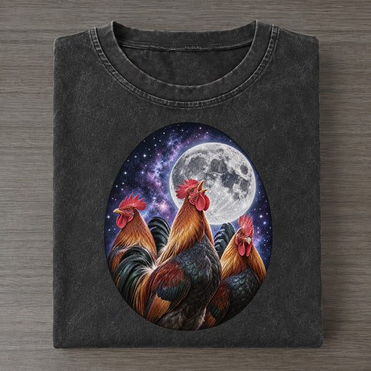 Roosters Under The Moon Moon Choir Vintage T-shirt – Black