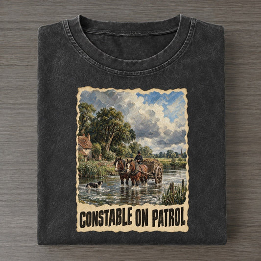 Constable On Patrol Hay Wain River Art Pun Vintage T-shirt – Black